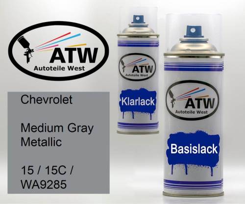 Chevrolet, Medium Gray Metallic, 15 / 15C / WA9285: 400ml Sprühdose + 400ml Klarlack - Set, von ATW Autoteile West.